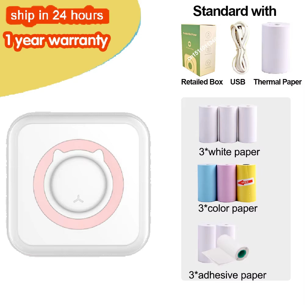 Portable Mini Thermal Printer Wirelessly BT 203Dpi Photo Label Memo Wrong Question Printing Paper USB Cable Imprimante Portable